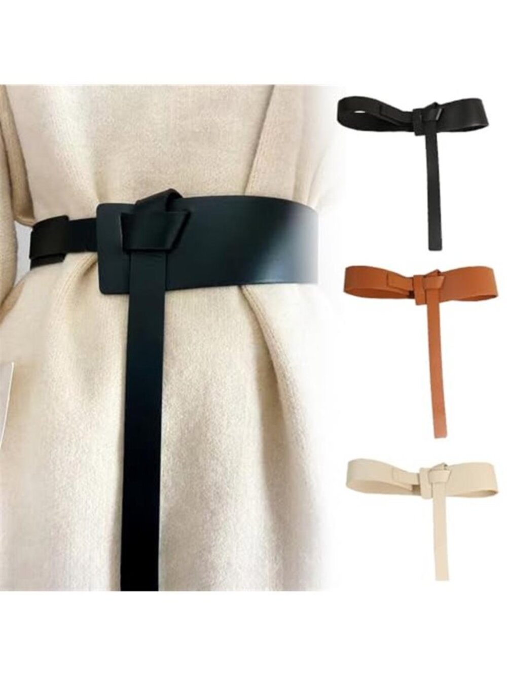 Wide Vegan Leather Tie Knot Waist Belt Statement Dress Belt Black Brown White